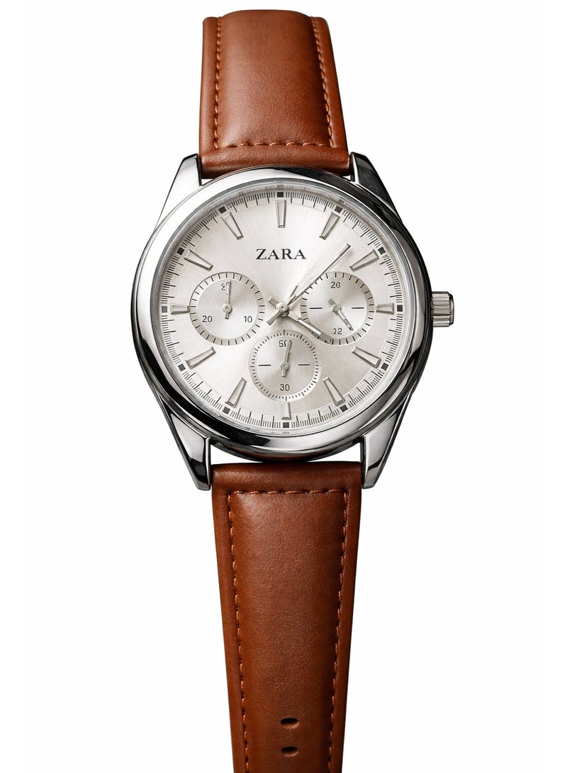 ZARA Men’s Analog Watch with Brown Leather Strap – Silver Dial, Classic Design