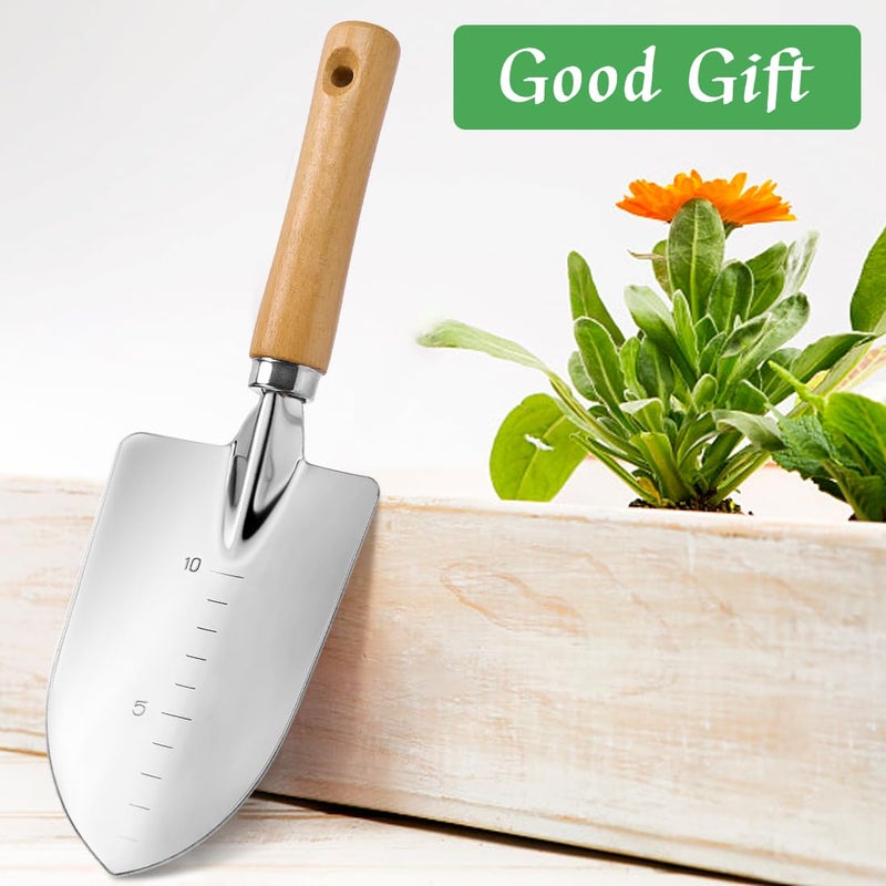 UMUACCAN Garden Trowel with Wood Handle, Aluminum Alloy Garden Shovel with Scale, Multifunctional Wide Shovel for Planting Transplanting Weeding Digging - Image 2