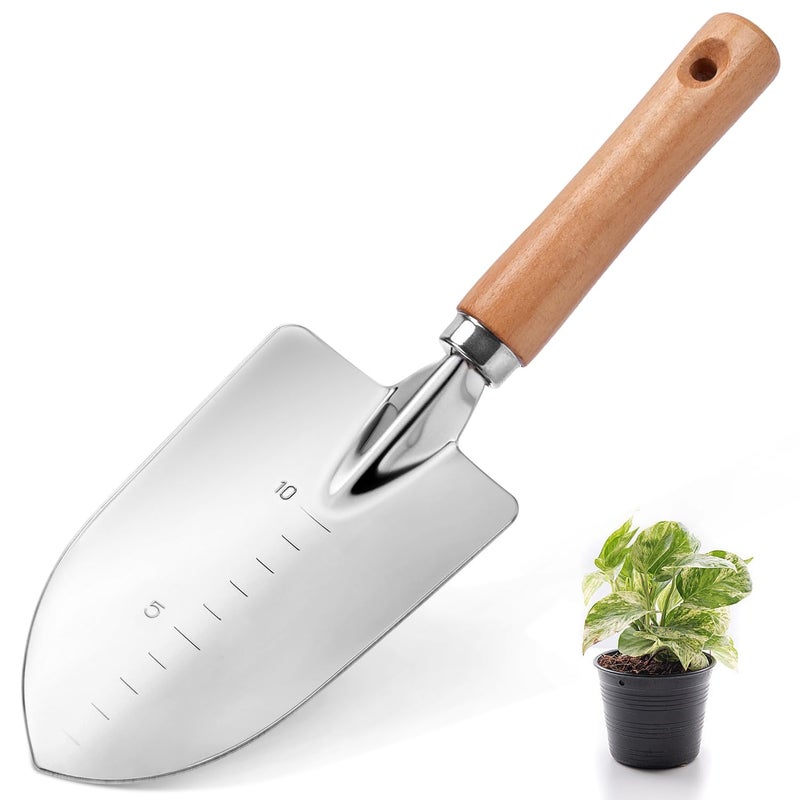 UMUACCAN Garden Trowel with Wood Handle, Aluminum Alloy Garden Shovel with Scale, Multifunctional Wide Shovel for Planting Transplanting Weeding Digging - Image 1