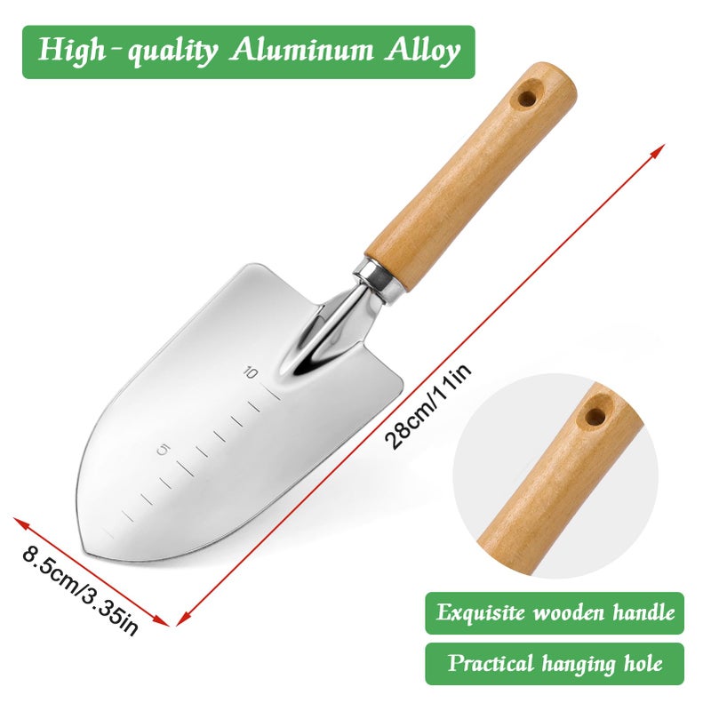 UMUACCAN Garden Trowel with Wood Handle, Aluminum Alloy Garden Shovel with Scale, Multifunctional Wide Shovel for Planting Transplanting Weeding Digging - Image 3