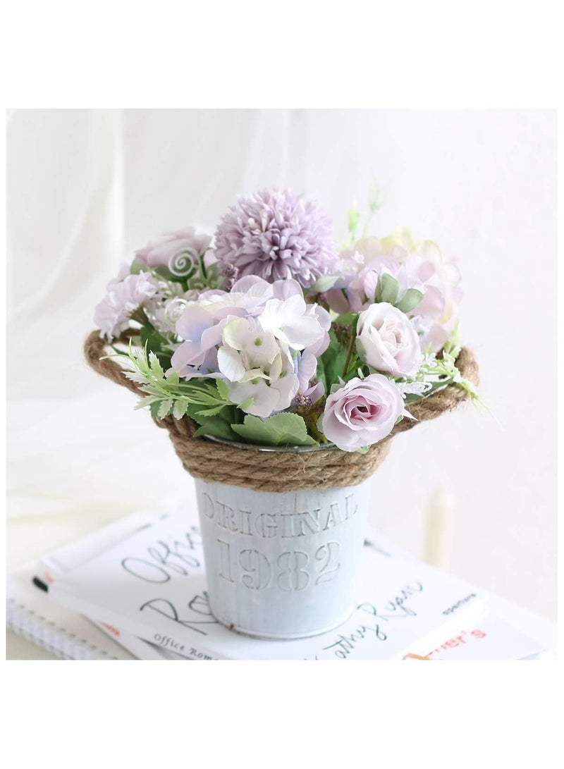 زهور هدرانجيا اصطناعية مع أصيص، نباتات صناعية ١١ × ٢٠ سم في أصيص معدني، زهور ورود حريرية لتزيين المنزل والمكتب وطاولة المطبخ وحافة النافذة، هدية لمنزل جديد (بنفسجي) - Image 1