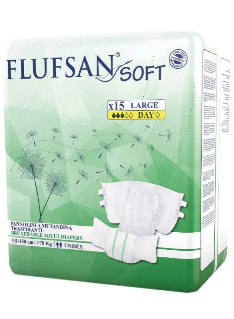 FLUFSAN Adult Adhesive Diapers Large Size 110-150 cm, 15 Diapers, Made in Italy - Image 1