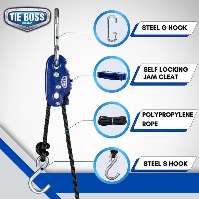 Tie Boss رباط بوس - 3/8 بوصة، ثقيل الوزن، (300 رطل حد تحميل العمل)، مقاوم للعوامل الجوية، نظام شد الحبال، (مع حبل بطول 15 قدم) - أزرق - Image 2