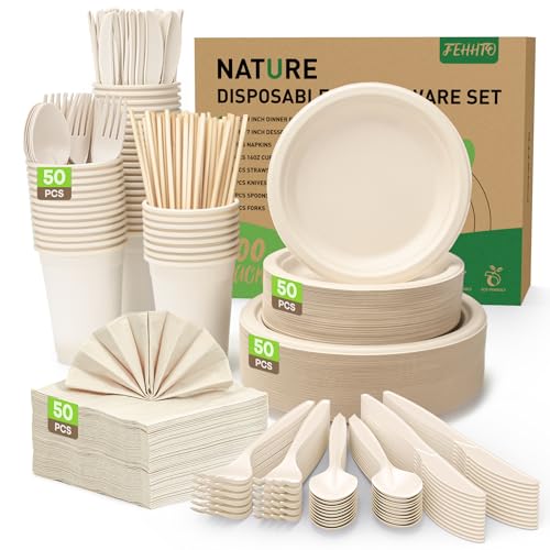 FEHHTO 400PCS Disposable Paper Plates Set, Compostable Eco-friendly Dinnerware Set, Biodegradable Heavy-Duty Paper Plates, Utensils, Cups and Straws for Party Camping Natural Brown, Solid, Bagasse - Image 1