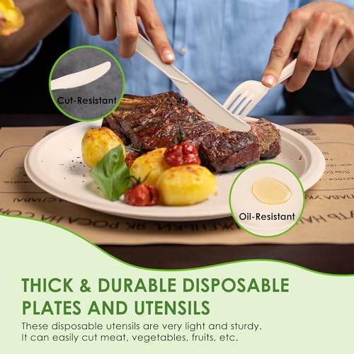 FEHHTO 400PCS Disposable Paper Plates Set, Compostable Eco-friendly Dinnerware Set, Biodegradable Heavy-Duty Paper Plates, Utensils, Cups and Straws for Party Camping Natural Brown, Solid, Bagasse - Image 5