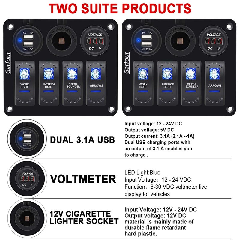 Garfour 2 Pieces Waterproof Boat Rocker Switch Panel Aluminium Panel with 12V Voltmeter 3.1A Dual USB Cigarette Lighter Socket 4 Bang Boat Switch Panel for Car Boat - Image 2