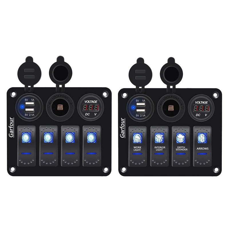 Garfour 2 Pieces Waterproof Boat Rocker Switch Panel Aluminium Panel with 12V Voltmeter 3.1A Dual USB Cigarette Lighter Socket 4 Bang Boat Switch Panel for Car Boat - Image 1
