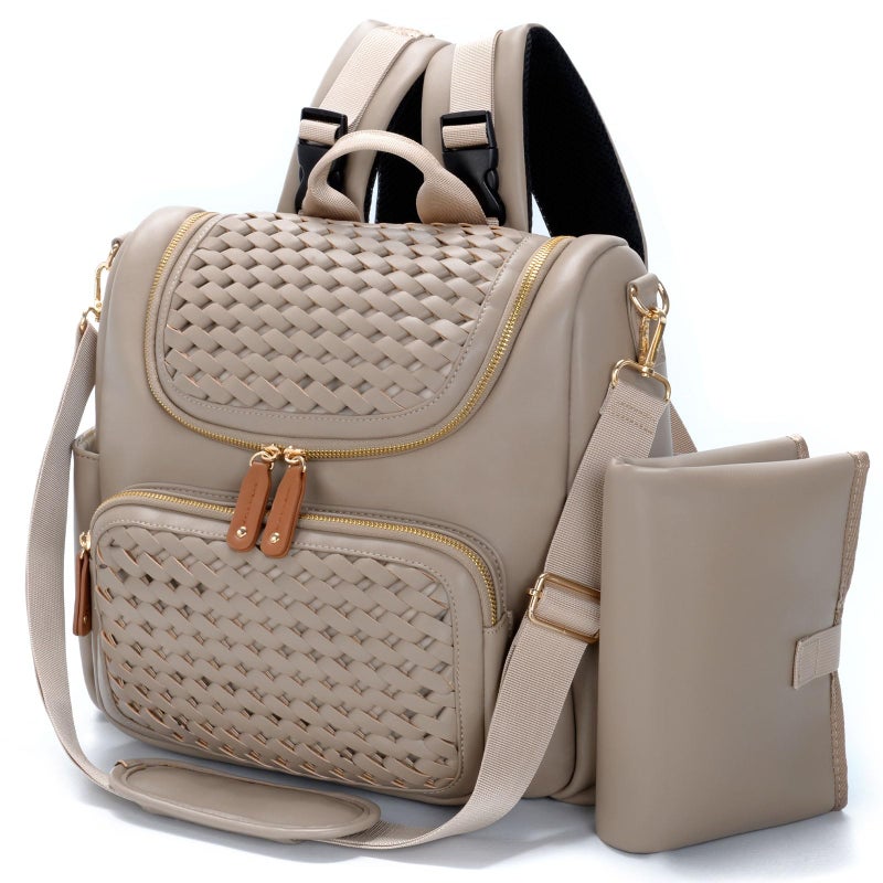 Minsong Diaper Bag Backpack, Small Diaper Backpack for Mom with Changing Station, Stylish Vegan Leather Travel Diaper Nappy Bags (Khaki) - Image 1
