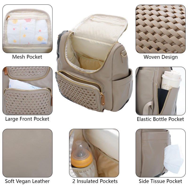 Minsong Diaper Bag Backpack, Small Diaper Backpack for Mom with Changing Station, Stylish Vegan Leather Travel Diaper Nappy Bags (Khaki) - Image 4