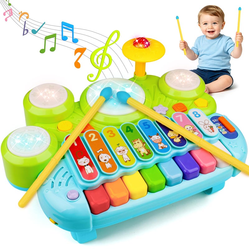 AugToy Baby Piano Drum Set for Toddlers 13 Musical Toys 3 In 1 Baby DJ Table Piano Keyboard Xylophone Instruments for 1 2 Year Old Boys Girls Music Light Activity Table 61218 Months Old Birthday Gifts - Image 4