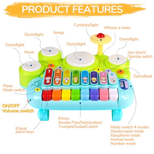 AugToy Baby Piano Drum Set for Toddlers 13 Musical Toys 3 In 1 Baby DJ Table Piano Keyboard Xylophone Instruments for 1 2 Year Old Boys Girls Music Light Activity Table 61218 Months Old Birthday Gifts - Image 5
