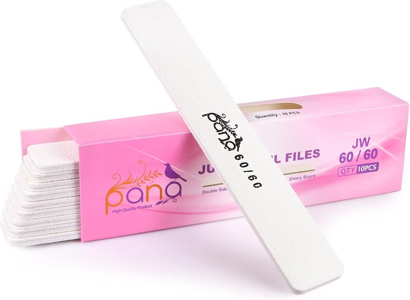 10PCS Jumbo Size PANA Professional Double Sided Nail Files - White, 60/60 Grit - Emery Board Nail Buffering File Manicure Pedicure Nail Polisher Washable
