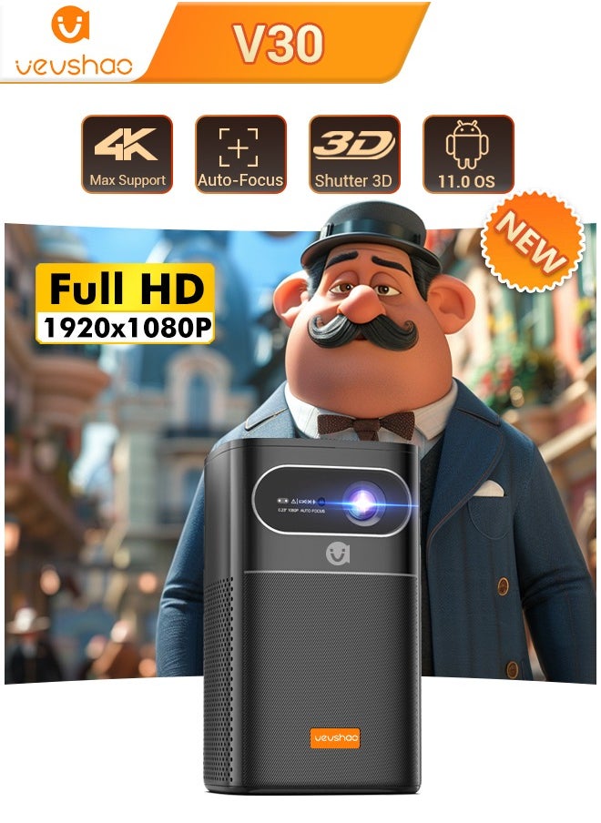 VEVSHAO - VEVSHAO V30 Smart Wi-Fi Projector, 8000mAh Battery, Auto-focus, Android 9.0, Support 3D, Wi-Fi Display, Wired Sync Display, with Tripod and Storage Bag - Image 1