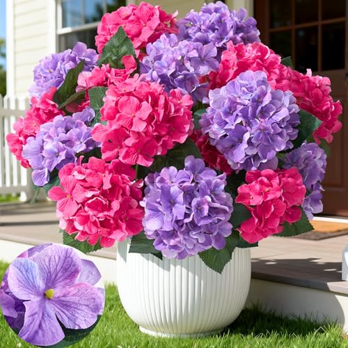 Faylifeway 12 Heads Artificial Flowers for Outdoors, UV Resistant Faux Hydrangea Flowers for Outdoor Planters Front Porch Garden Window Box Patio Decor （Hot Pink&Purple） - Image 1