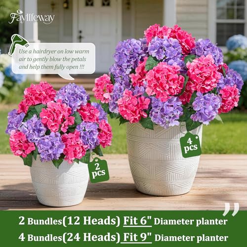 Faylifeway 12 Heads Artificial Flowers for Outdoors, UV Resistant Faux Hydrangea Flowers for Outdoor Planters Front Porch Garden Window Box Patio Decor （Hot Pink&Purple） - Image 3