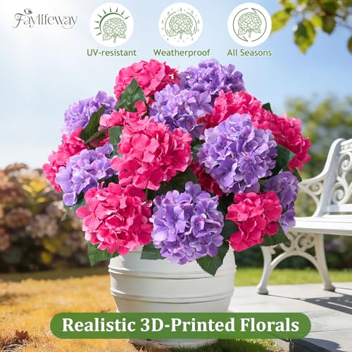 Faylifeway 12 Heads Artificial Flowers for Outdoors, UV Resistant Faux Hydrangea Flowers for Outdoor Planters Front Porch Garden Window Box Patio Decor （Hot Pink&Purple） - Image 2
