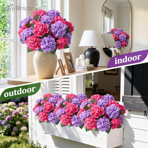 Faylifeway 12 Heads Artificial Flowers for Outdoors, UV Resistant Faux Hydrangea Flowers for Outdoor Planters Front Porch Garden Window Box Patio Decor （Hot Pink&Purple） - Image 5