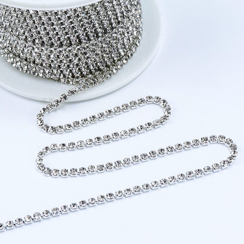 Dowarm 10 Yards 2MM Crystal Rhinestone Close Chain Trim for Sewing Crocs Shoes Clothes Cups, SS6 Claw Rhinestone Chain for Craft Jewelry Wedding Bouquet DIY Decoration, Silver - Image 2