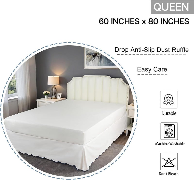 White Chic Queen Bed Skirt - Easy Fit Scallop Edge Pleated Bedskirts, 14 Inch Drop Anti-Slip Dust Ruffle, Thick Fabric for Enhanced Privacy, Pre-Washed for Long-Lasting Use(N60022) - Image 2