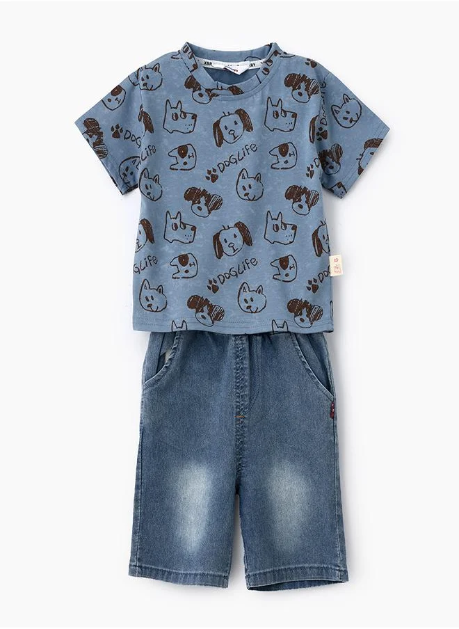 babyqlo Playful Pups Printed Tee & Denim Shorts Set