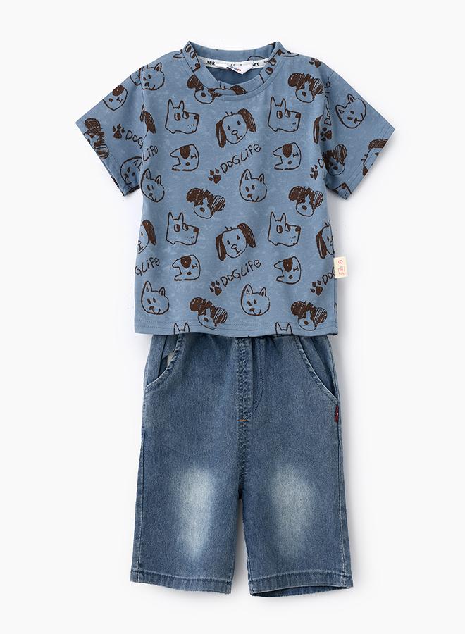 بيبي كلو طقم تي شيرت بطبعة جراء مرحة وشورت جينز - Image 1