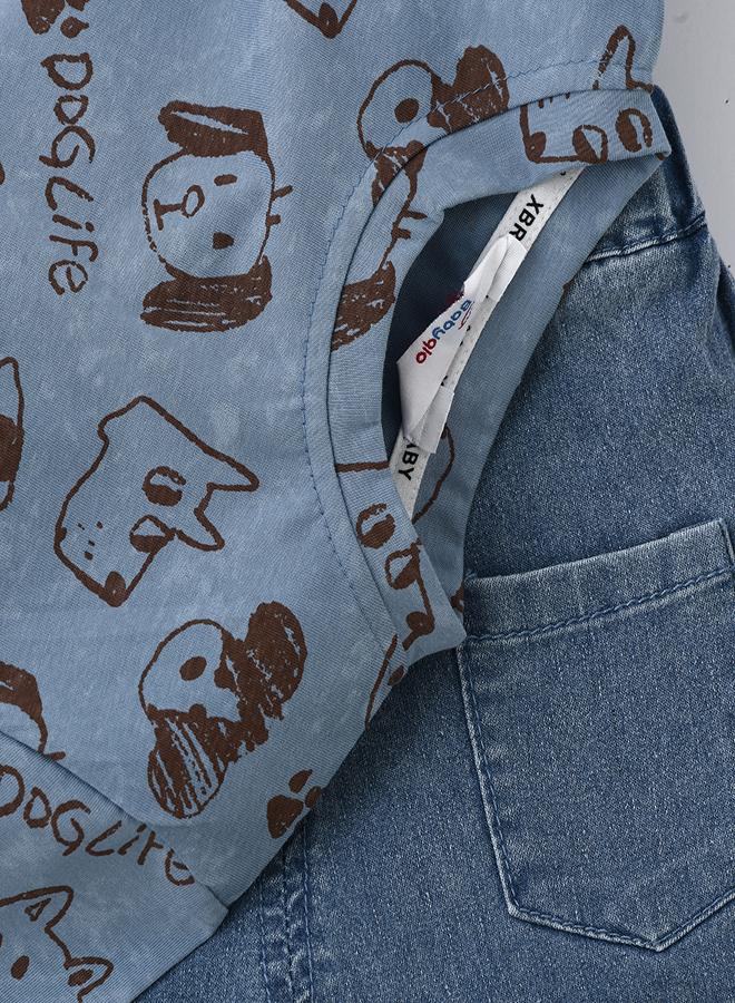 بيبي كلو طقم تي شيرت بطبعة جراء مرحة وشورت جينز - Image 3