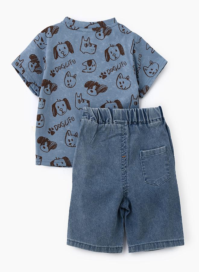 بيبي كلو طقم تي شيرت بطبعة جراء مرحة وشورت جينز - Image 2