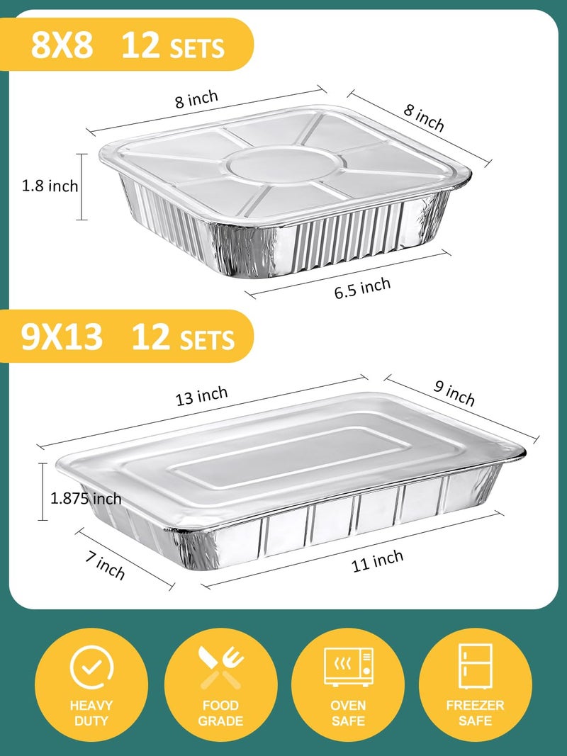 NEEBAKE 24 Pack Disposable Aluminum Pans with Lids Combo Set- 12 Large 9x13 Foil Pans Half Size & 12 Small 8x8 Tin Foil Baking Pans, Tin Trays Containers for Meal Prep, Food Cooking, Roasting, Heating - Image 2