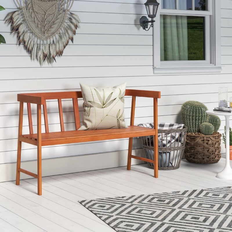 Tangkula Outdoor Eucalyptus Wood Bench, 2-Person Garden Bench with Backrest and Armrests, Garden Bench with Slatted Seat for Porch, Park, Backyard, 800 Lbs Max Load, 43â€ L x 18â€ W x 28â€ H, Natural - Image 2