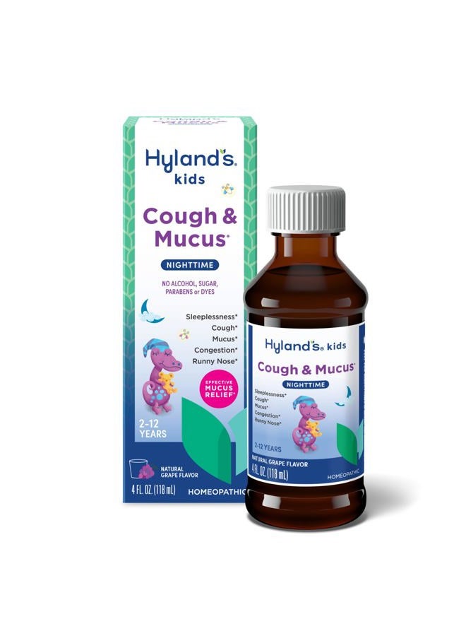 Hyland's شراب السعال للأطفال ليلاً وتخفيف المخاط، دواء للأطفال من عمر 2-12، بنكهة العنب، يعزز النوم، السعال، سيلان الأنف، المخاط والاحتقان، أونصات - Image 1
