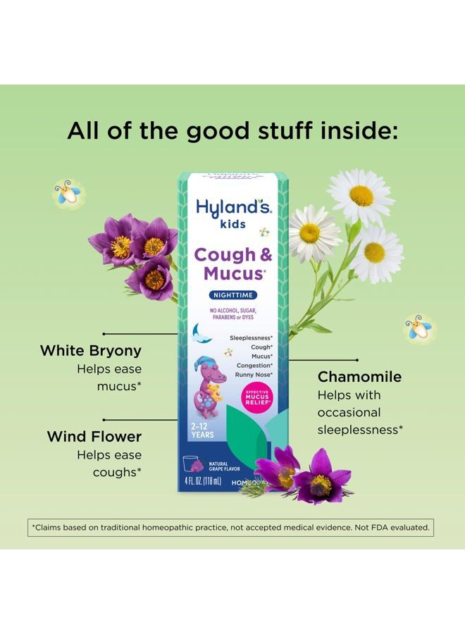 Hyland's شراب السعال للأطفال ليلاً وتخفيف المخاط، دواء للأطفال من عمر 2-12، بنكهة العنب، يعزز النوم، السعال، سيلان الأنف، المخاط والاحتقان، أونصات - Image 3