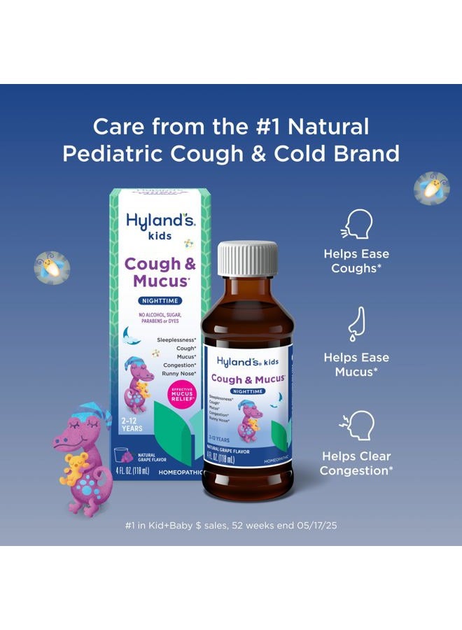 Hyland's شراب السعال للأطفال ليلاً وتخفيف المخاط، دواء للأطفال من عمر 2-12، بنكهة العنب، يعزز النوم، السعال، سيلان الأنف، المخاط والاحتقان، أونصات - Image 2
