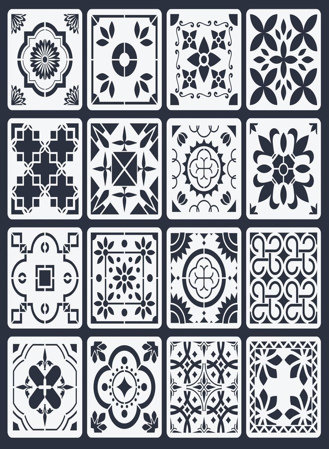 neglex 16 Pack Tile Stencil Set (8x8 Inch), Portuguese Pattern Stencils, Mediterranean Mosaic & Traditional Floral Ceramic, Reusable Stencils for Floor, Wall, Furniture Painting, DIY Home Décor - Image 1