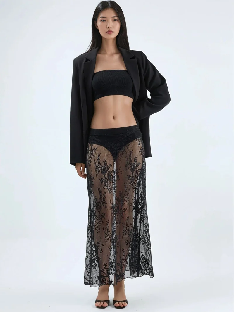 Hiccup Black High Waist Lace Maxi Skirt for Women | Best Price UAE