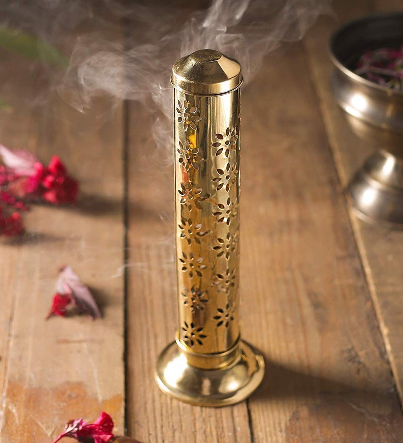 HOOJO® Brass Vertical Incense Burner for Dhoop & Sambrani – Handcrafted Floral Cut Design with Lid – Traditional Aromatherapy Diffuser for Puja, Meditation & Home Decor – 26.5 cm Tall - Image 1