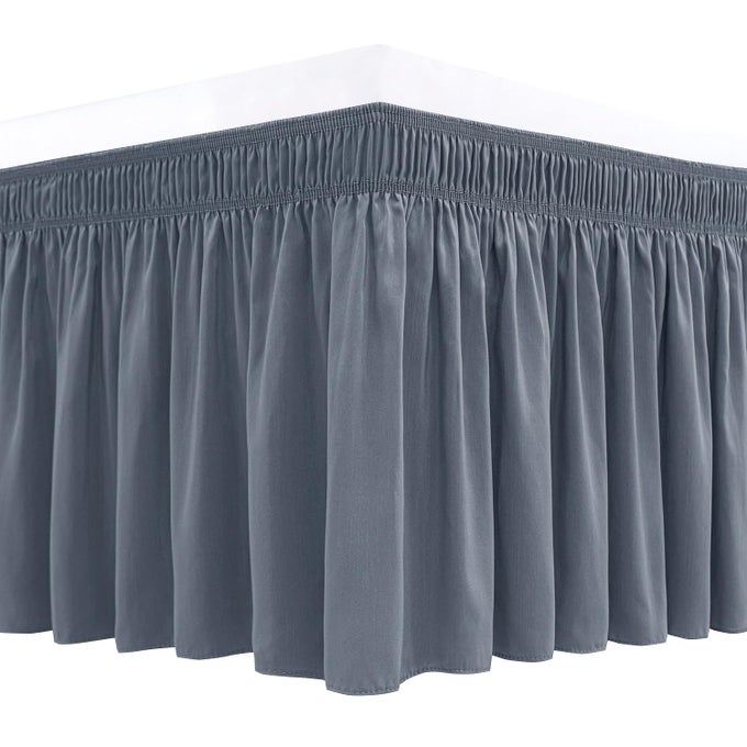WRAP AROUND BED SKIRTS FOR KING CAL KING BEDS 17 LONG DROP DARK GREY ADJUSTABLE ELASTIC DUST RUFFLES EASY FIT WRINKLE FADE RESISTANT SILKY LUXURIOUS FABRIC SOLID MACHINE WASHABLE