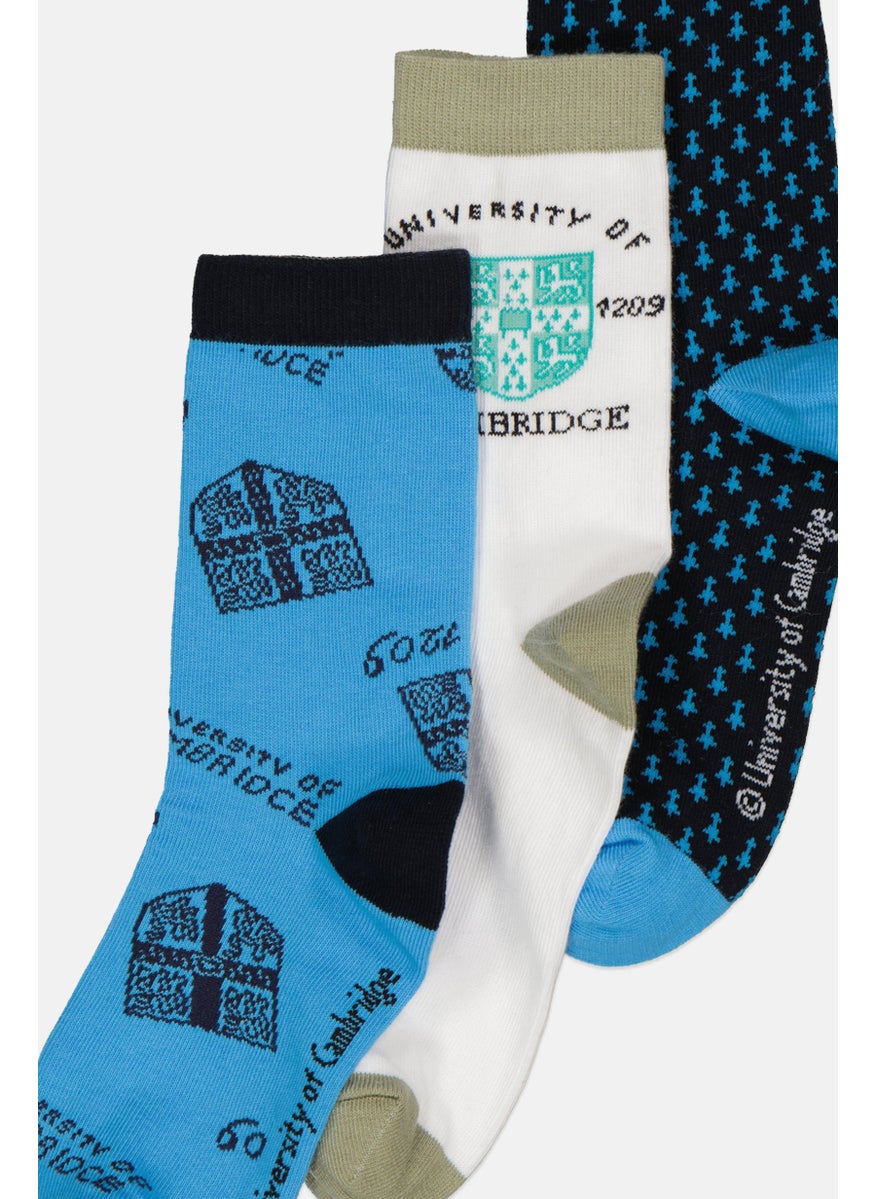 University Of Cambridge Kids Boy 3 Pairs All Over Print Socks, Blue Combo  - Image 2