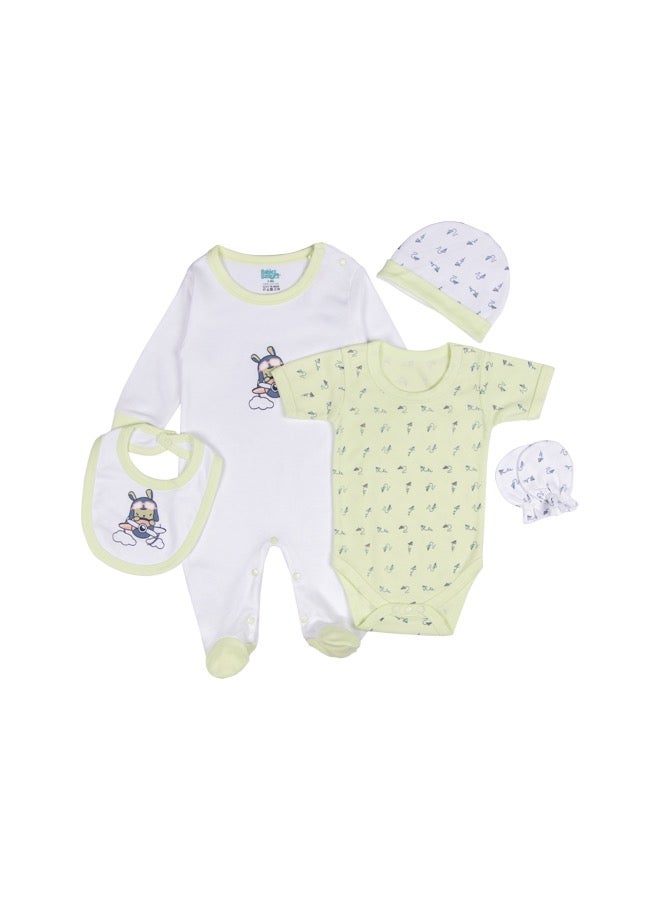 Babies Basic 5 Piece Unisex 100% Cotton Gift Set Include Bib, Romper, Mittens, Cap And Sleepsuit/Jumpsuit - Image 1