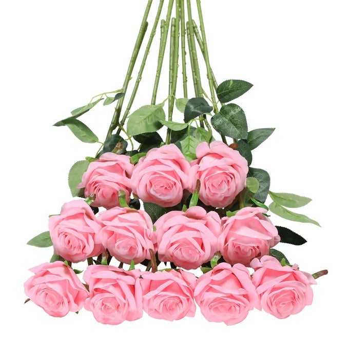 12 PCS ARTIFICIAL ROSES 1968 SINGLE LONG STEM FAKE ROSE SILK BRIDAL WEDDING BOUQUET REALISTIC FLOWER FOR HOME GARDEN PARTY HOTEL OFFICE DECORBLOSSOM ROSESLIGHT PINK