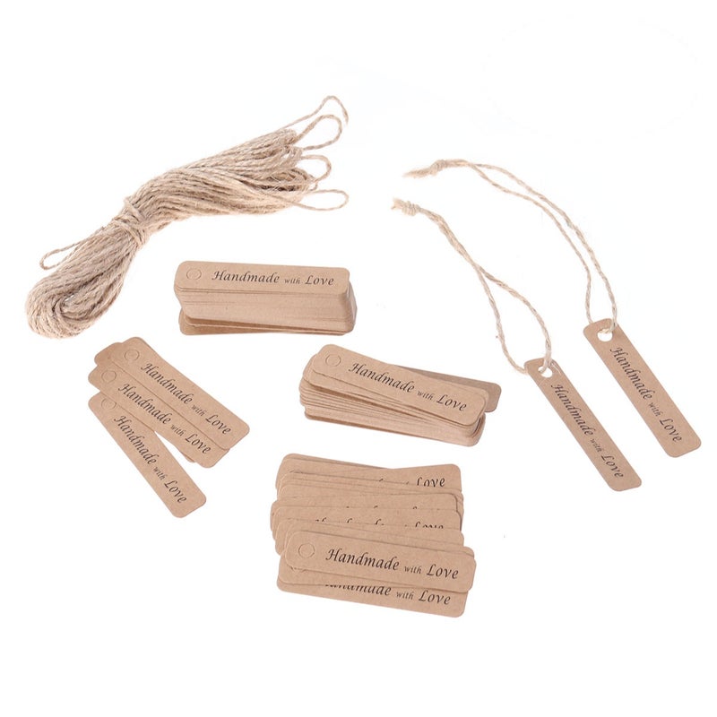 100pcs Kraft Paper Tags with Strings Gift Favors Baking Food Package Tags Handmade with Love Card Hanging Labels (Rectangle) - Image 1