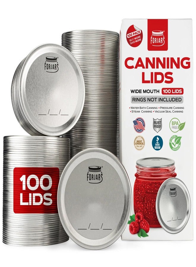 FORJARS - Wide Mouth Canning Lids, 100-Pack - Create Airtight Seals on Mason Jars to Preserve Food for Meal Prep & Emergency Food Storage - 3.4 In. Metal Lids with Silicone Seals - Canning Supplies - Image 1