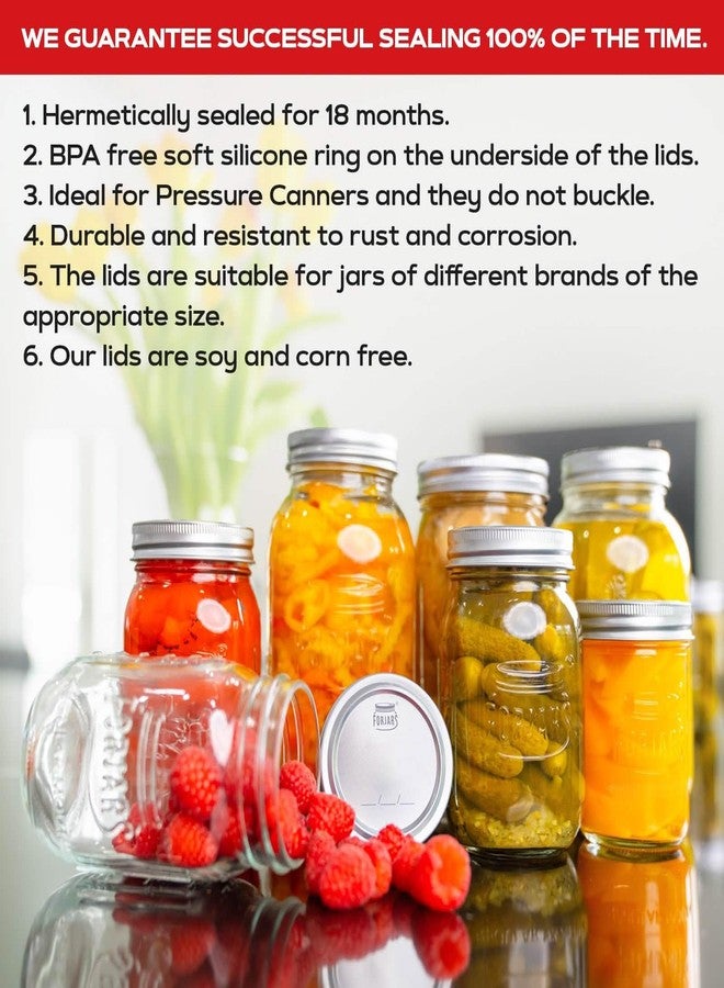 FORJARS - Wide Mouth Canning Lids, 100-Pack - Create Airtight Seals on Mason Jars to Preserve Food for Meal Prep & Emergency Food Storage - 3.4 In. Metal Lids with Silicone Seals - Canning Supplies - Image 4