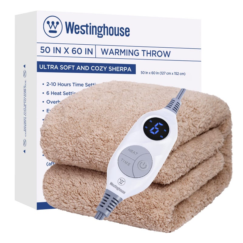 Westinghouse Electric Blanket Throw Size Soft Plush Sherpa Heated Blanket with 6 Heating Levels  210 Hours AutoOff Machine Washable 50x60 inches Camel