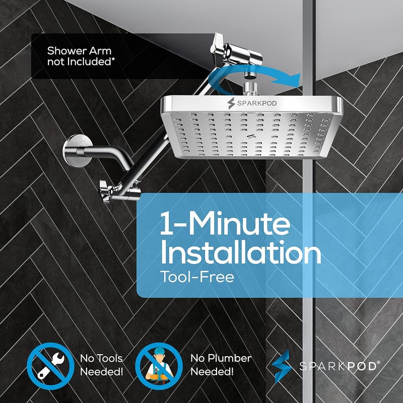 SparkPod Shower Head - High Pressure Rain - Premium Quality Luxury Design - 1-Min Install - Easy Clean Adjustable Replacement for Your Bathroom Shower Heads (Luxury Polished Chrome, 8 Inch Square) - Image 4