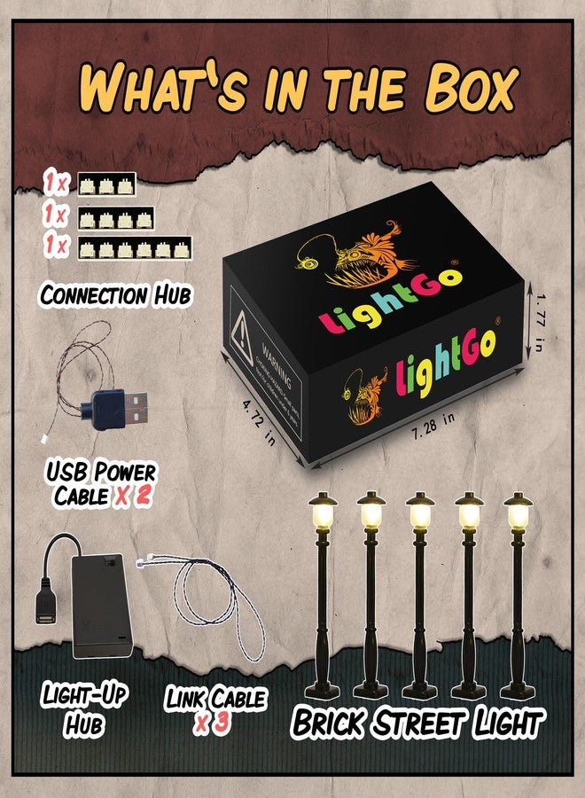 LightGo Brick Street Light DIY Kit for Lego Modular Buildings - Set of 5 Lights to Customize Your City Layout, Plug & Play (Classic Black) - Image 2