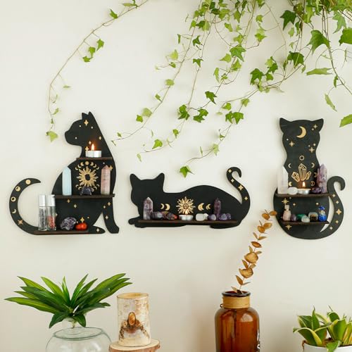 Artilady Crystal Shelf Display 3 PCS Black Cute Cat Floating Shelves for Halloween Wall Bedroom Decor Display Shelf for Crystals and Stones Witchy Room Decorations Gift for Cat Lover - Image 1