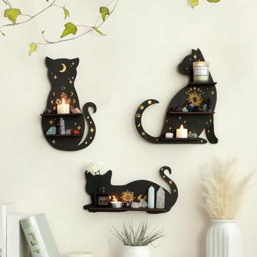 Artilady Crystal Shelf Display 3 PCS Black Cute Cat Floating Shelves for Halloween Wall Bedroom Decor Display Shelf for Crystals and Stones Witchy Room Decorations Gift for Cat Lover - Image 3