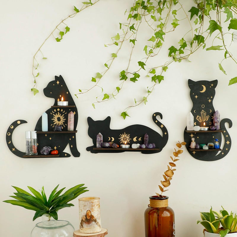 Artilady Crystal Shelf Display 3 PCS Black Cute Cat Floating Shelves for Halloween Wall Bedroom Decor Display Shelf for Crystals and Stones Witchy Room Decorations Gift for Cat Lover - Image 2