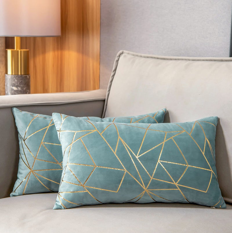 YONGLIU YONGLIU Pack of 2 Soft Velvet Lumbar Throw Pillow Covers DecorativeGold Foil Geometric Pattern Cute Cushion Case for Modern Homes Couch Living Room Sofa Bedroom Car (Light Blue and Gold  12X20 )  - Image 1