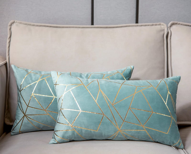YONGLIU YONGLIU Pack of 2 Soft Velvet Lumbar Throw Pillow Covers DecorativeGold Foil Geometric Pattern Cute Cushion Case for Modern Homes Couch Living Room Sofa Bedroom Car (Light Blue and Gold  12X20 )  - Image 2